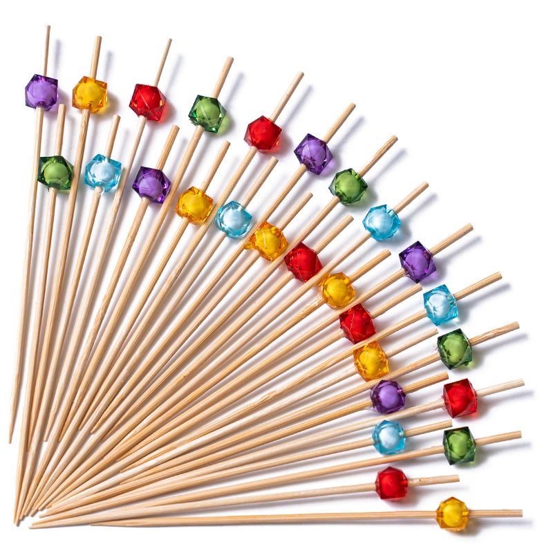 PuTwo Cocktail Toothpicks 300 Counts Cocktail Picks Handmade Natural Bamboo Cocktail Sticks with Cube Beads End Eco-Friendly Appetizer Skewers for Cocktail Appetizers Fruits Dessert - Multicolor - Image 1